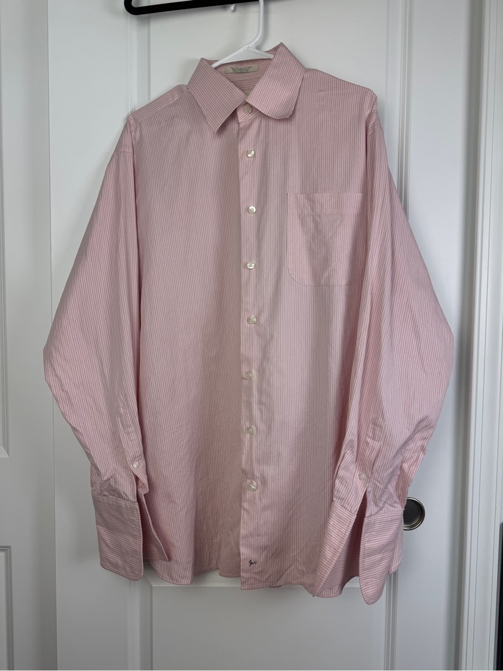 John W. Nordstrom pink with thin white vertical stripes cotton button-up shirt